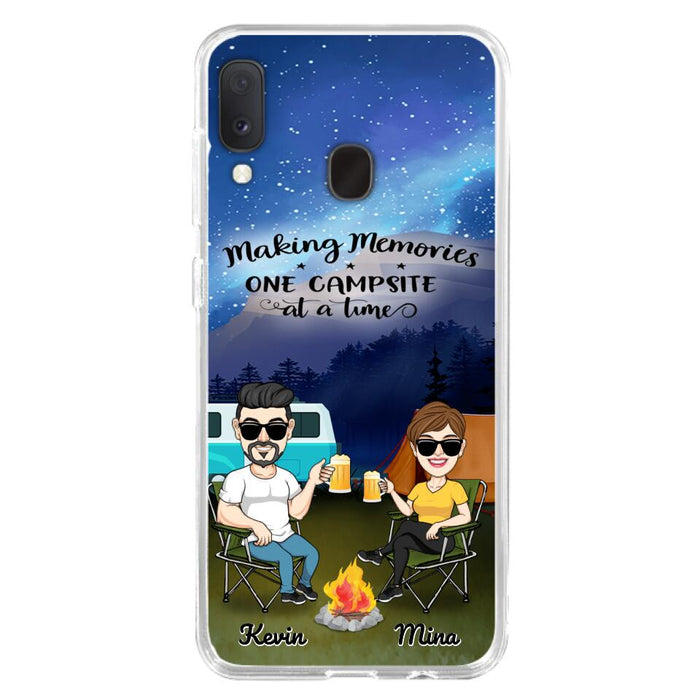 Custom Personalized Night Camping Phone Case - Couple With Up to 3 Dogs - Gift For Couple/ Camping Lover - Making Memories One Campsite At A Time - Case For iPhone And Samsung