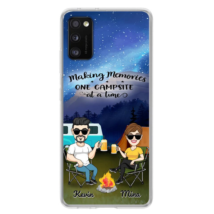 Custom Personalized Night Camping Phone Case - Couple With Up to 3 Dogs - Gift For Couple/ Camping Lover - Making Memories One Campsite At A Time - Case For iPhone And Samsung