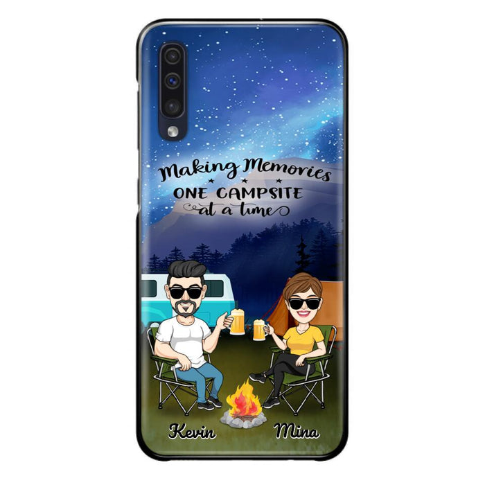 Custom Personalized Night Camping Phone Case - Couple With Up to 3 Dogs - Gift For Couple/ Camping Lover - Making Memories One Campsite At A Time - Case For iPhone And Samsung