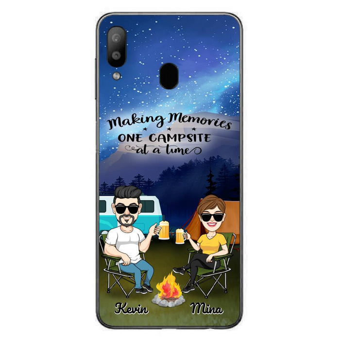 Custom Personalized Night Camping Phone Case - Couple With Up to 3 Dogs - Gift For Couple/ Camping Lover - Making Memories One Campsite At A Time - Case For iPhone And Samsung