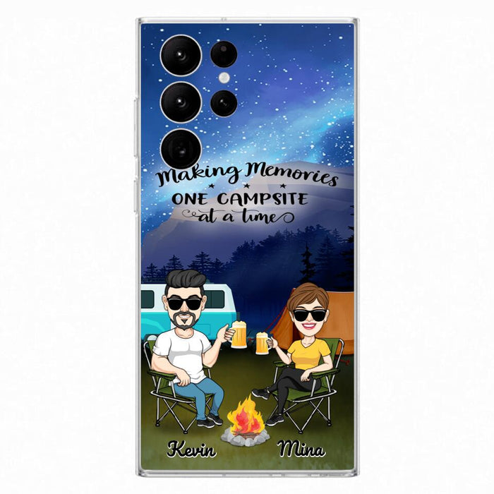 Custom Personalized Night Camping Phone Case - Couple With Up to 3 Dogs - Gift For Couple/ Camping Lover - Making Memories One Campsite At A Time - Case For iPhone And Samsung