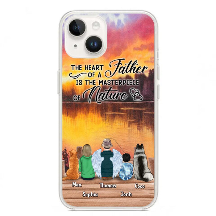 Custom Personalized Father Fishing Phone Case - Father With Up to 2 Kids And 2 Pets - Gift Idea For Father/ Fishing Lover - The Heart Of A Father Is The Masterpiece Of Nature - Case For iPhone And Samsung