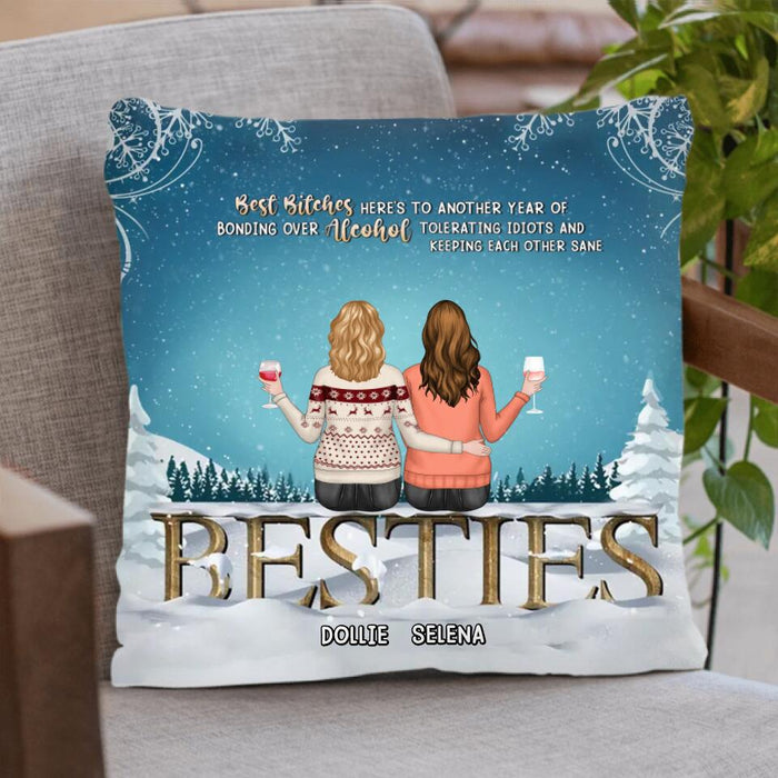 Custom Personalized Besties Pillow Cover/Fleece Blanket/ Quilt Blanket - Upto 5 Girls - Christmas Gift For Friends/ Sisters/ Besties - Here's To Another Year Of Bonding Over Alcohol