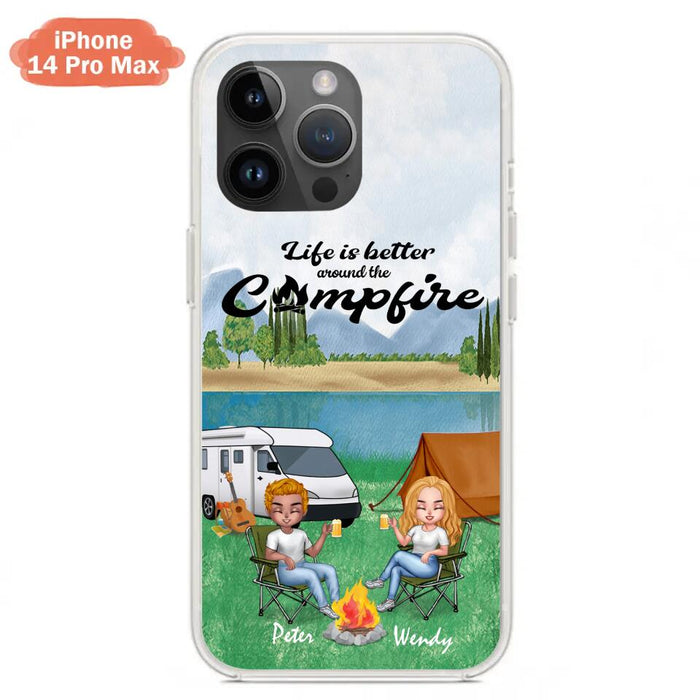 Custom Personalized Camping Chibi Phone Case - Couple With Upto 2 Dogs - Gift Idea For Dog/ Camping Lover - Life Is Better Around The Campfire - Case For iPhone And Samsung