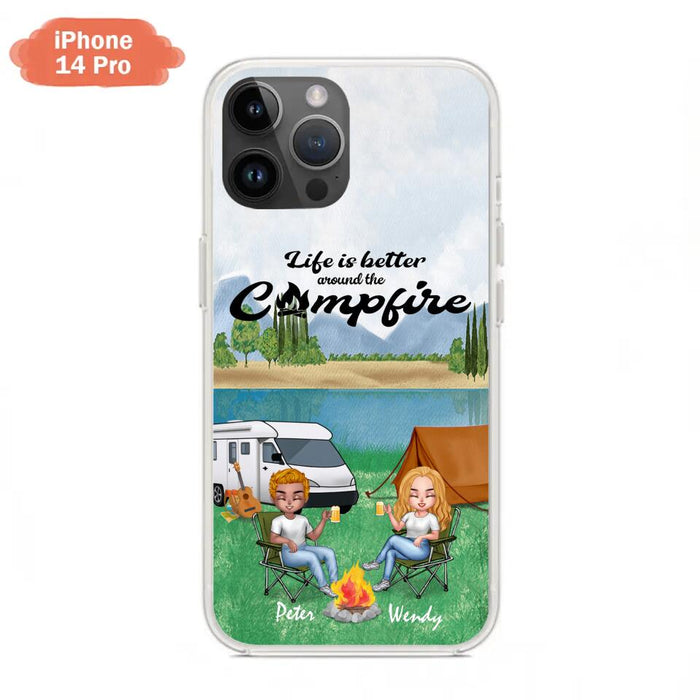 Custom Personalized Camping Chibi Phone Case - Couple With Upto 2 Dogs - Gift Idea For Dog/ Camping Lover - Life Is Better Around The Campfire - Case For iPhone And Samsung