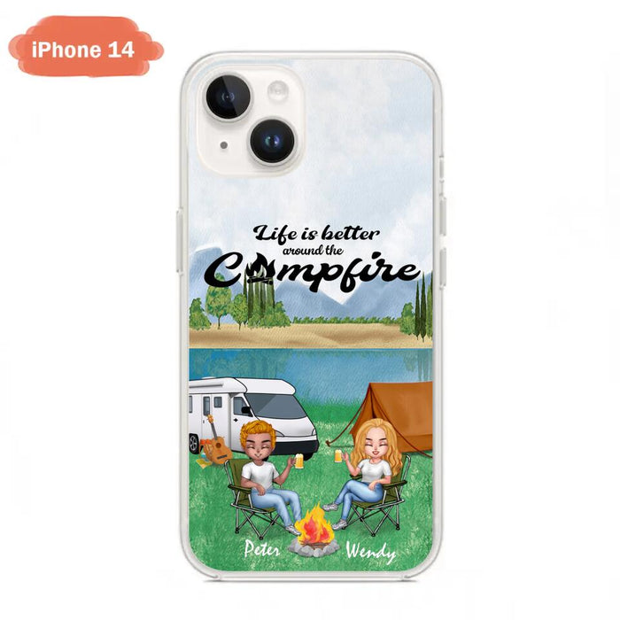 Custom Personalized Camping Chibi Phone Case - Couple With Upto 2 Dogs - Gift Idea For Dog/ Camping Lover - Life Is Better Around The Campfire - Case For iPhone And Samsung