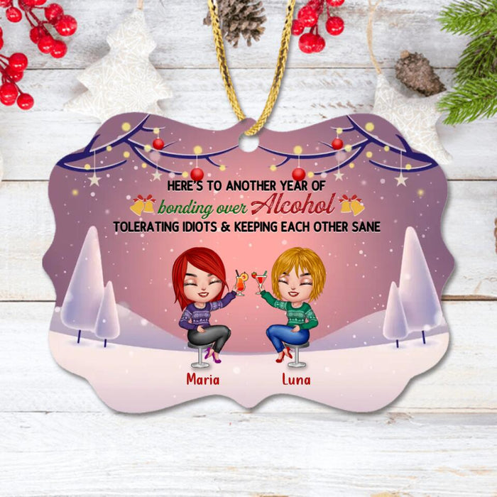 Custom Personalized Friends Rectangle Wooden Ornament - Upto 8 People - Christmas Gift Idea for Friends/Sisters/Besties - Here's To Another Year Of Bonding Over Alcohol Tolerating Idiots & Keeping Each Other Sane