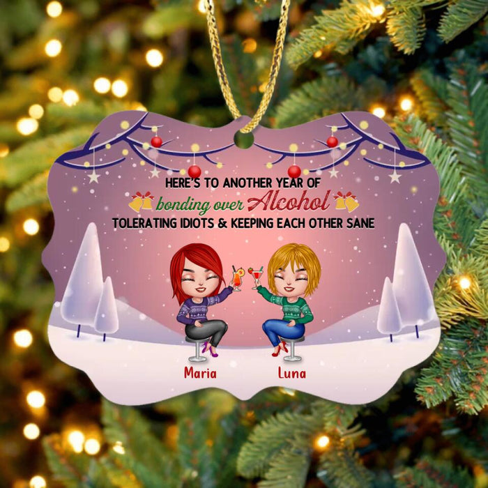 Custom Personalized Friends Rectangle Wooden Ornament - Upto 8 People - Christmas Gift Idea for Friends/Sisters/Besties - Here's To Another Year Of Bonding Over Alcohol Tolerating Idiots & Keeping Each Other Sane