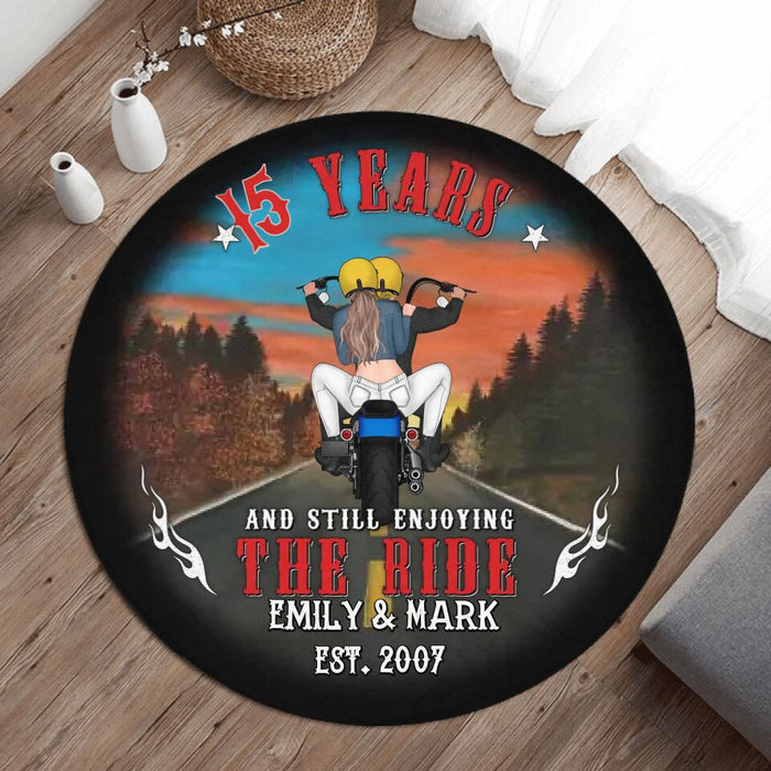 Custom Personalized Riding Couple Foldable Round Rug - Gift Idea For Bike Lovers/Couple - 15 Years And Still Enjoying The Ride