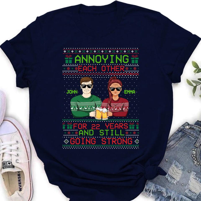 Custom Personalized Christmas Couple Shirt/ Hoodie - Anniversary Gift For Couple/Christmas - Annoying Each Other For 22 Years And Still Going Strong