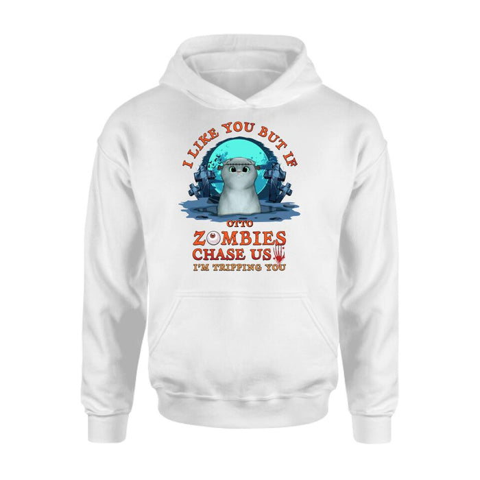 Custom Personalized Pet Shirt/ Hoodie - Upto 5 Dogs/Cats - Halloween Gift For Dog/Cat Lovers - I Like You But If Zombies Chase Us I'm Tripping You