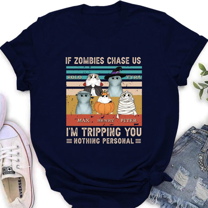 Custom Personalized Pet Halloween Vintage Style T-Shirt/Hoodie/Sweatshirt/Long Sleeve - Gift for Dog Lovers, Cat Lovers - Up to 5 Pets - If zombies chase us, I'm tripping you