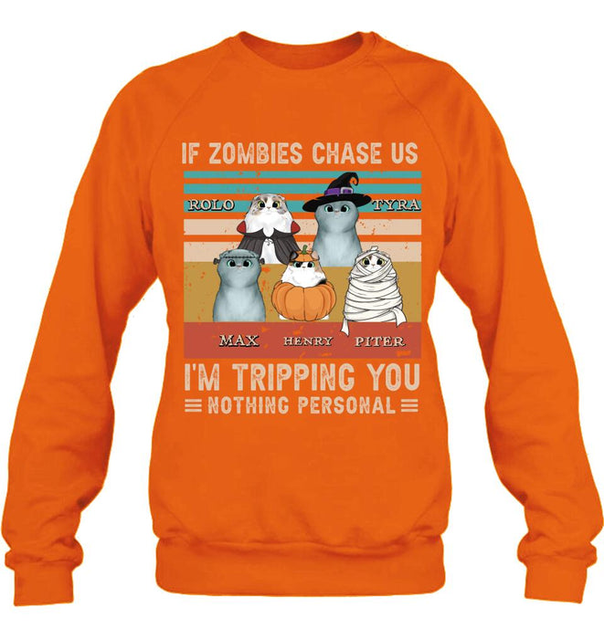 Custom Personalized Pet Halloween Vintage Style T-Shirt/Hoodie/Sweatshirt/Long Sleeve - Gift for Dog Lovers, Cat Lovers - Up to 5 Pets - If zombies chase us, I'm tripping you