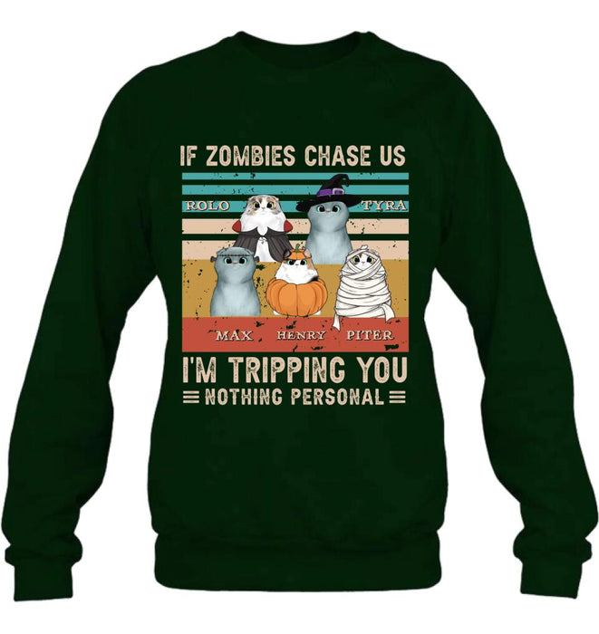 Custom Personalized Pet Halloween Vintage Style T-Shirt/Hoodie/Sweatshirt/Long Sleeve - Gift for Dog Lovers, Cat Lovers - Up to 5 Pets - If zombies chase us, I'm tripping you