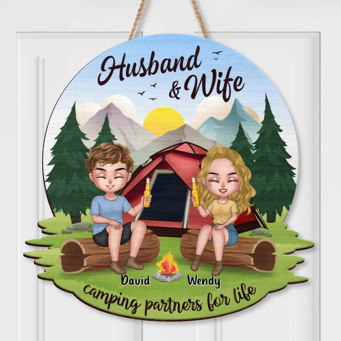 Custom Personalized Camping Couple Wooden Sign - Gift Idea For Camping Lover/ Couple/ Christmas - Husband and Wife Camping Partners For Life