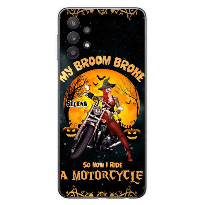 Custom Personalized Witch Phone Case - Upto 4 Dogs - Halloween Gifts For Friends/Dog Lovers  - My Broom Broke So Now I Ride A Motorcycle - Case For iPhone/Samsung