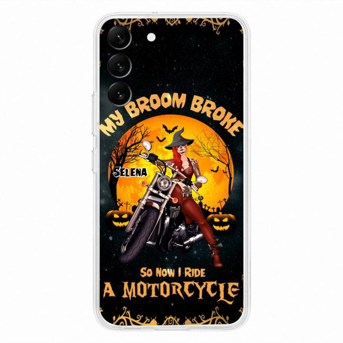 Custom Personalized Witch Phone Case - Upto 4 Dogs - Halloween Gifts For Friends/Dog Lovers  - My Broom Broke So Now I Ride A Motorcycle - Case For iPhone/Samsung