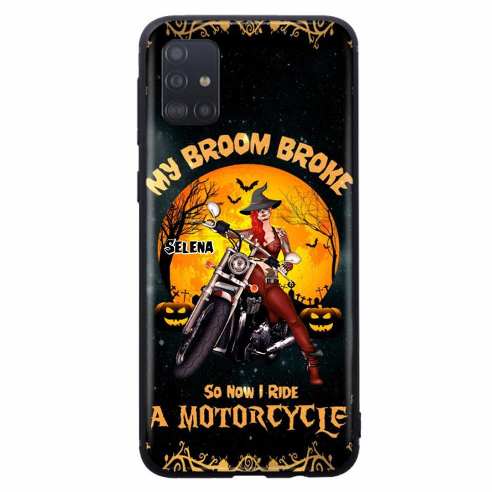 Custom Personalized Witch Phone Case - Upto 4 Dogs - Halloween Gifts For Friends/Dog Lovers  - My Broom Broke So Now I Ride A Motorcycle - Case For iPhone/Samsung