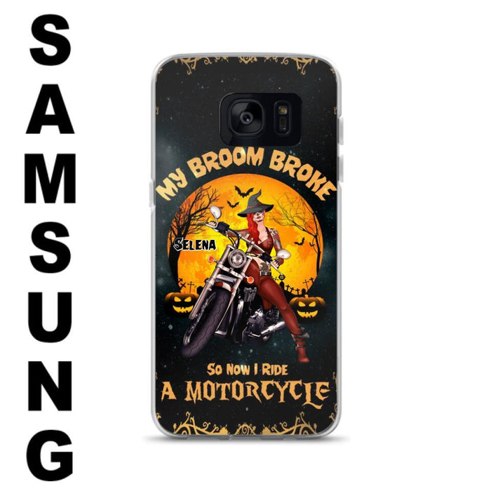 Custom Personalized Witch Phone Case - Upto 4 Dogs - Halloween Gifts For Friends/Dog Lovers  - My Broom Broke So Now I Ride A Motorcycle - Case For iPhone/Samsung