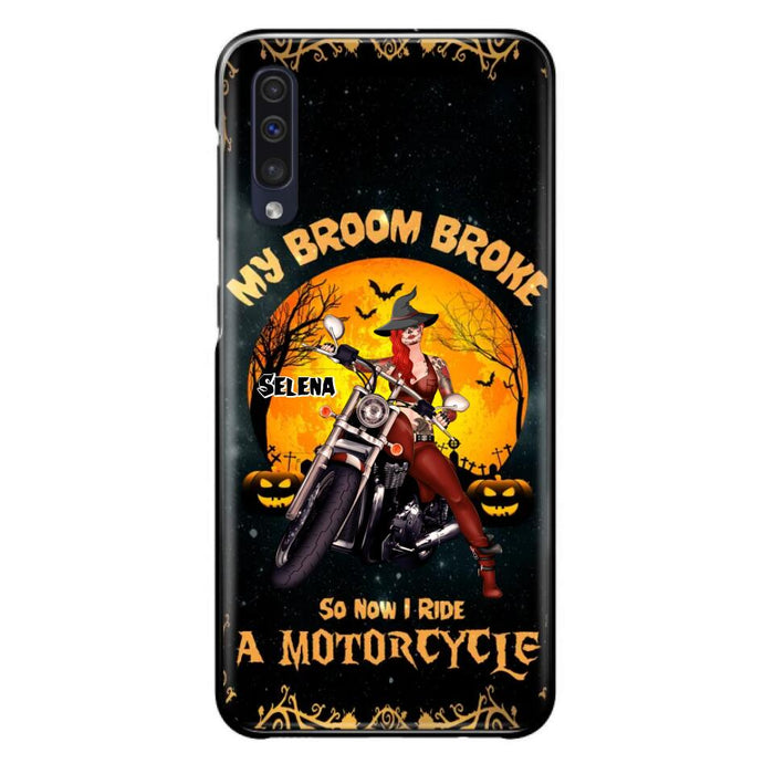 Custom Personalized Witch Phone Case - Upto 4 Dogs - Halloween Gifts For Friends/Dog Lovers  - My Broom Broke So Now I Ride A Motorcycle - Case For iPhone/Samsung