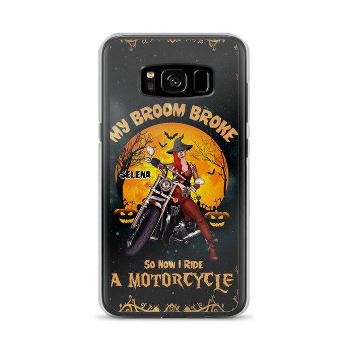 Custom Personalized Witch Phone Case - Upto 4 Dogs - Halloween Gifts For Friends/Dog Lovers  - My Broom Broke So Now I Ride A Motorcycle - Case For iPhone/Samsung