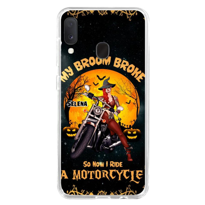 Custom Personalized Witch Phone Case - Upto 4 Dogs - Halloween Gifts For Friends/Dog Lovers  - My Broom Broke So Now I Ride A Motorcycle - Case For iPhone/Samsung