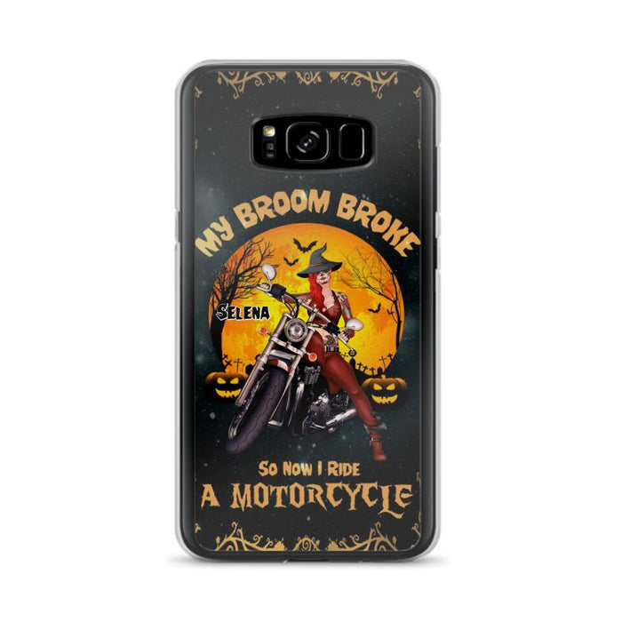 Custom Personalized Witch Phone Case - Upto 4 Dogs - Halloween Gifts For Friends/Dog Lovers  - My Broom Broke So Now I Ride A Motorcycle - Case For iPhone/Samsung