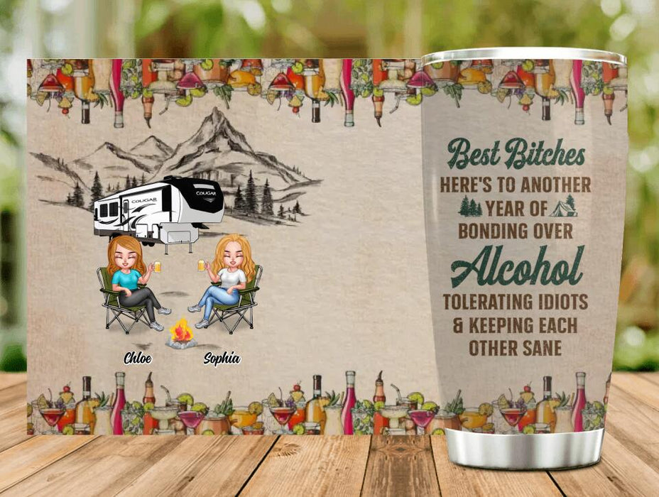 Custom Personalized Camping Friends Tumbler - Upto 7 People - Gift Idea For Friends/ Camping Lover - Here's To Another Year Of Bonding Over Alcohol