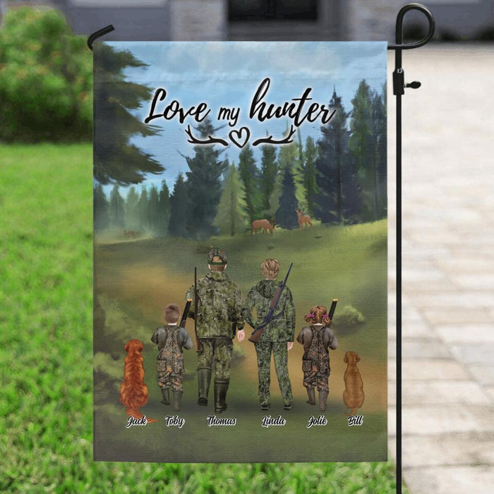 Custom Personalized Hunting With Pets Flag - Parents With Up To 2 Kids/ Couple/Single Parent/Solo Man/Woman and Pets - Best Gift For Hunting Lovers