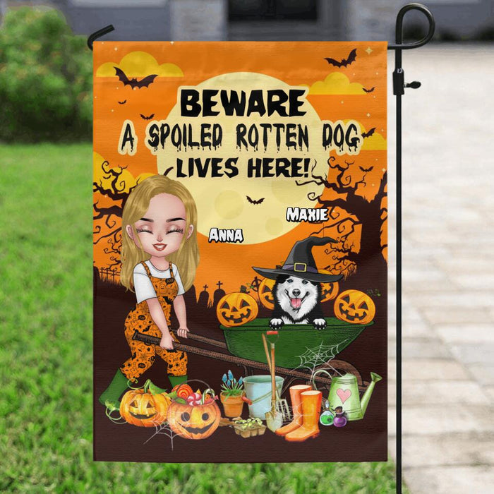 Custom Personalized Gardening Girl Flag Sign - Upto 7 Dogs - Halloween Gift For Gardening Lover /Dog Lover - Beware Spoiled Rotten Dogs Live Here!