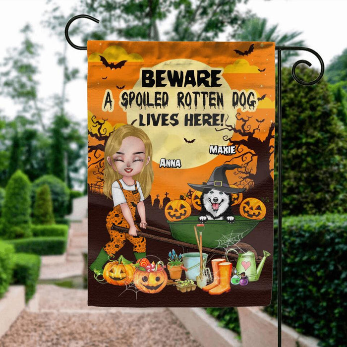 Custom Personalized Gardening Girl Flag Sign - Upto 7 Dogs - Halloween Gift For Gardening Lover /Dog Lover - Beware Spoiled Rotten Dogs Live Here!