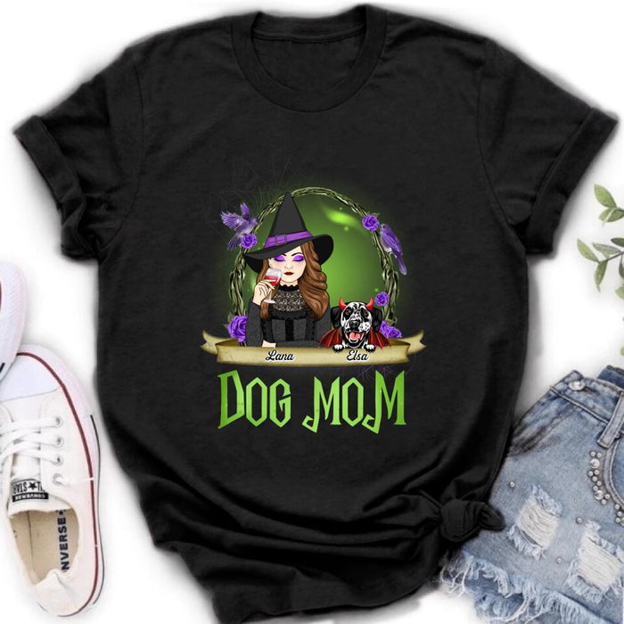 Custom Personalized Dog Mom Witch Shirt/ Hoodie - Upto 4 Dogs - Halloween Gift Idea For Dog Lovers - Dog Mom