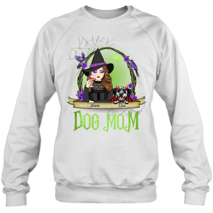 Custom Personalized Dog Mom Witch Shirt/ Hoodie - Upto 4 Dogs - Halloween Gift Idea For Dog Lovers - Dog Mom