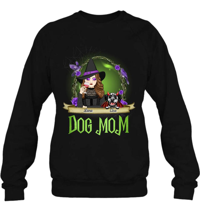 Custom Personalized Dog Mom Witch Shirt/ Hoodie - Upto 4 Dogs - Halloween Gift Idea For Dog Lovers - Dog Mom