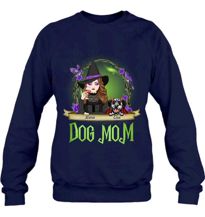 Custom Personalized Dog Mom Witch Shirt/ Hoodie - Upto 4 Dogs - Halloween Gift Idea For Dog Lovers - Dog Mom