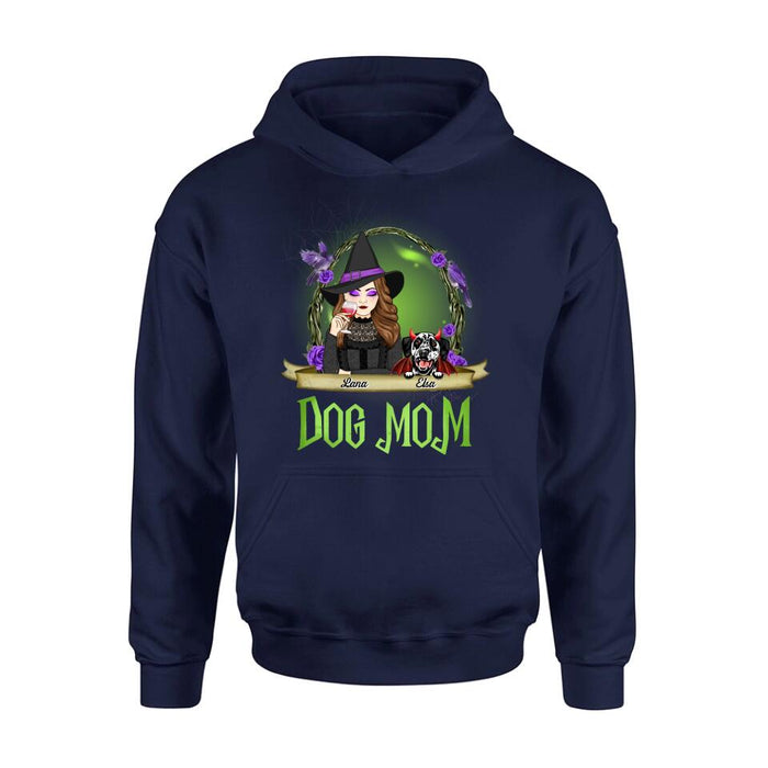 Custom Personalized Dog Mom Witch Shirt/ Hoodie - Upto 4 Dogs - Halloween Gift Idea For Dog Lovers - Dog Mom