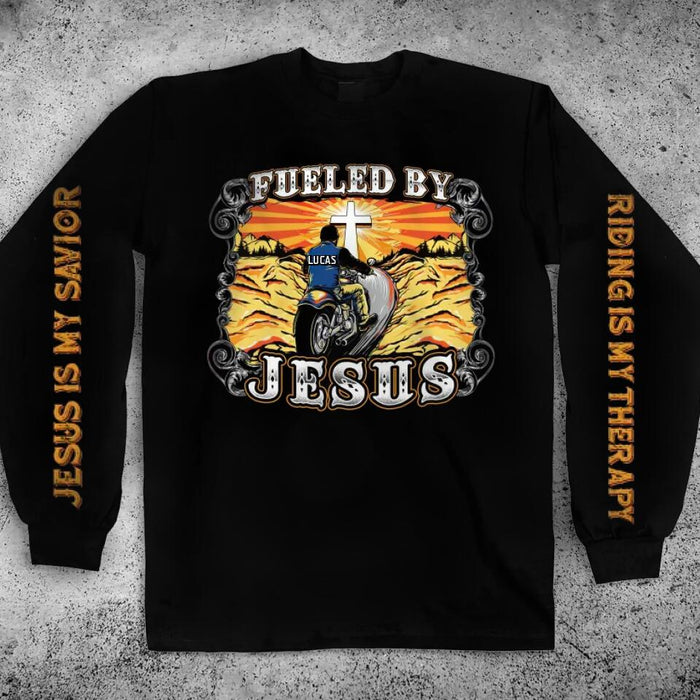 Custom Personalized Biker Double-Sided Printed Long Sleeve T-Shirt - Gift Idea For Bikers - Fueled By Jesus