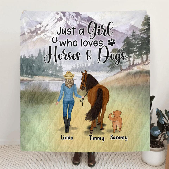 Custom Personalized Horse & Dog Quilt/Single Layer Fleece Blanket - Gift Idea For Horse/Dog Lovers With Up To 2 Horses And 4 Dogs - Just A Girl Who Loves Horses & Dogs