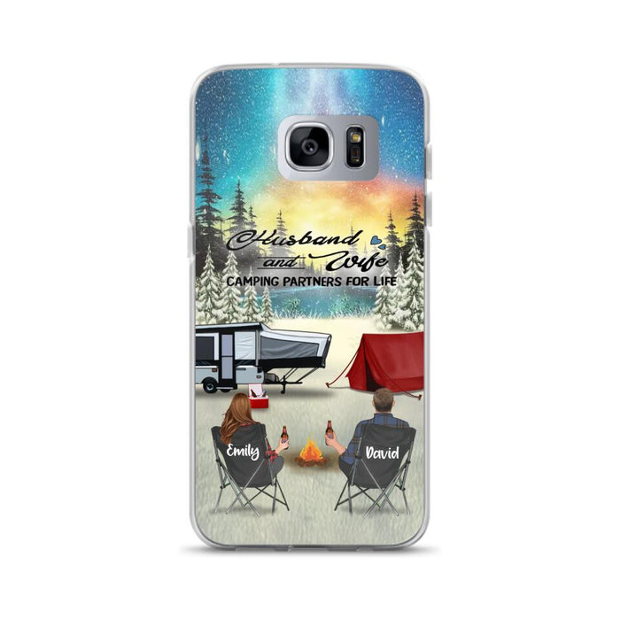 Custom Personalized Camping Xmas Phone Case - Christmas Gift For Camping Family/Couple/Single Parent/Solo - Upto 3 Kids and 4 Pets - Husband And Wife Camping Partners For Life - Case For iPhone And Samsung