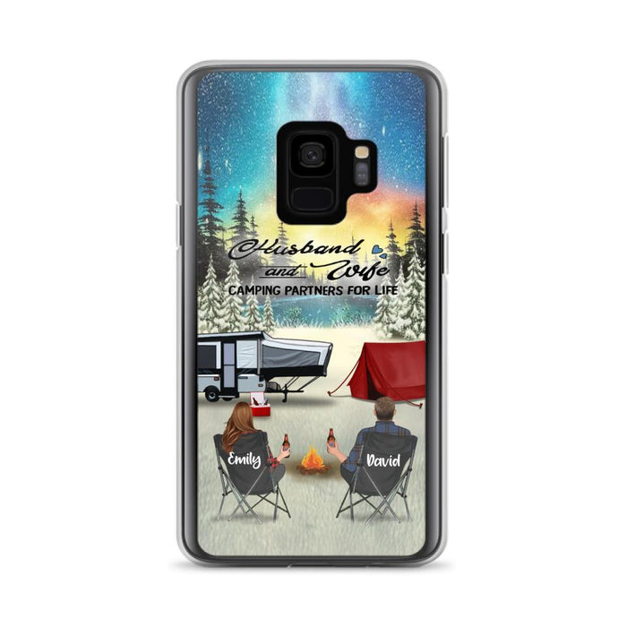 Custom Personalized Camping Xmas Phone Case - Christmas Gift For Camping Family/Couple/Single Parent/Solo - Upto 3 Kids and 4 Pets - Husband And Wife Camping Partners For Life - Case For iPhone And Samsung