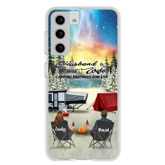 Custom Personalized Camping Xmas Phone Case - Christmas Gift For Camping Family/Couple/Single Parent/Solo - Upto 3 Kids and 4 Pets - Husband And Wife Camping Partners For Life - Case For iPhone And Samsung