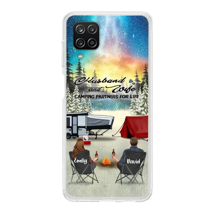 Custom Personalized Camping Xmas Phone Case - Christmas Gift For Camping Family/Couple/Single Parent/Solo - Upto 3 Kids and 4 Pets - Husband And Wife Camping Partners For Life - Case For iPhone And Samsung