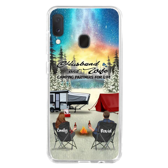 Custom Personalized Camping Xmas Phone Case - Christmas Gift For Camping Family/Couple/Single Parent/Solo - Upto 3 Kids and 4 Pets - Husband And Wife Camping Partners For Life - Case For iPhone And Samsung