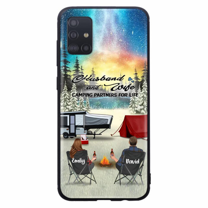 Custom Personalized Camping Xmas Phone Case - Christmas Gift For Camping Family/Couple/Single Parent/Solo - Upto 3 Kids and 4 Pets - Husband And Wife Camping Partners For Life - Case For iPhone And Samsung