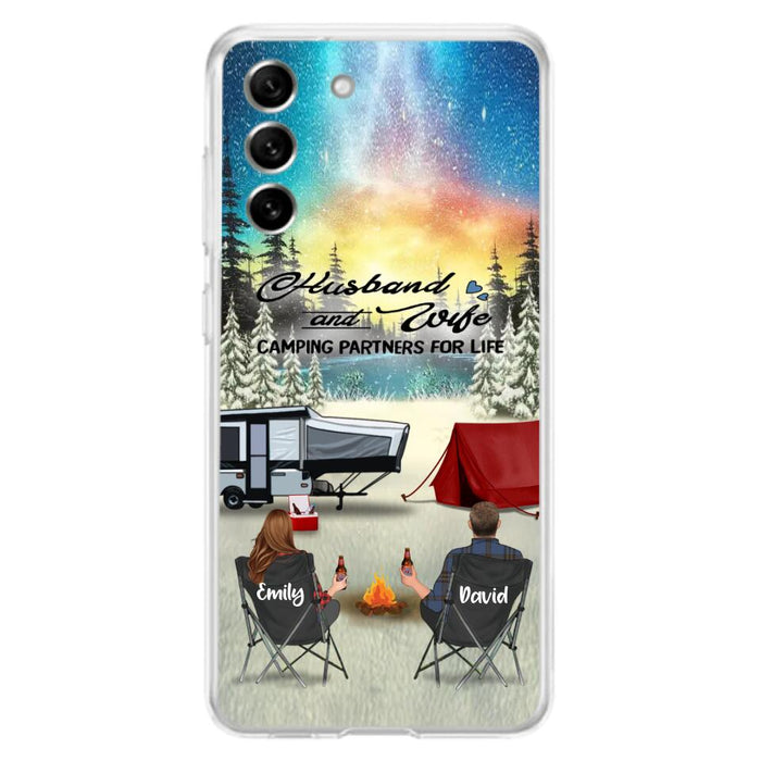 Custom Personalized Camping Xmas Phone Case - Christmas Gift For Camping Family/Couple/Single Parent/Solo - Upto 3 Kids and 4 Pets - Husband And Wife Camping Partners For Life - Case For iPhone And Samsung