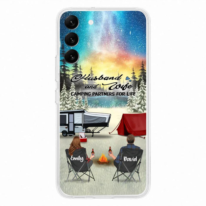 Custom Personalized Camping Xmas Phone Case - Christmas Gift For Camping Family/Couple/Single Parent/Solo - Upto 3 Kids and 4 Pets - Husband And Wife Camping Partners For Life - Case For iPhone And Samsung