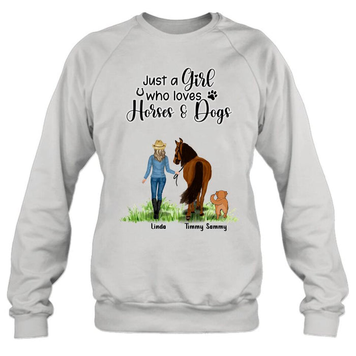 Custom Personalized Horse & Dog T-shirt - Gift Idea For Horse/Dog Lovers With Up To 2 Horses And 4 Dogs - Just A Girl Who Loves Horses & Dogs