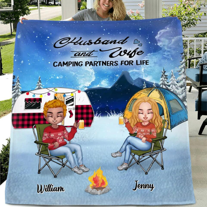 Custom Personalized Camping Couple Xmas Fleece/Quilt Blanket - Christmas Gift For Couple/ Camping Lover/ Dog Lover- Upto 4 Dogs - Husband And Wife Camping Partners For Life