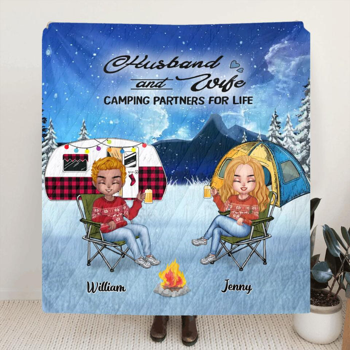 Custom Personalized Camping Couple Xmas Fleece/Quilt Blanket - Christmas Gift For Couple/ Camping Lover/ Dog Lover- Upto 4 Dogs - Husband And Wife Camping Partners For Life