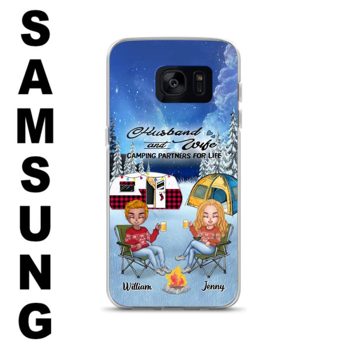 Custom Personalized Camping Couple Xmas Phone Case - Christmas Gift For Couple/ Camping Lover/ Dog Lover - Couple With Upto 4 Dogs - Husband And Wife Camping Partners For Life - Case For iPhone And Samsung